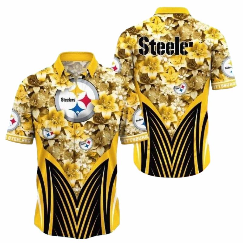 Pittsburgh Steelers Golden Petals And Bold Stripes Hawaiian Shirt 1