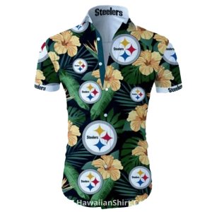 Pittsburgh Steelers Green Leaves And Yellow Hibiscus Hawaiian Shirt