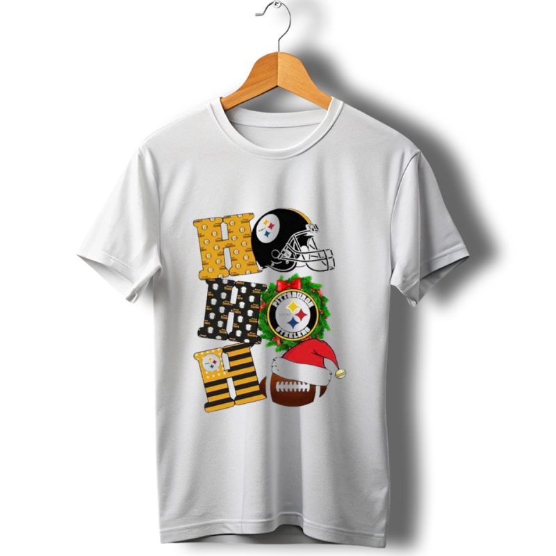 Pittsburgh Steelers Ho Ho Ho Merry Christmas Football Helmet Wreath Santa Hat T Shirt 1 T Shirt 1