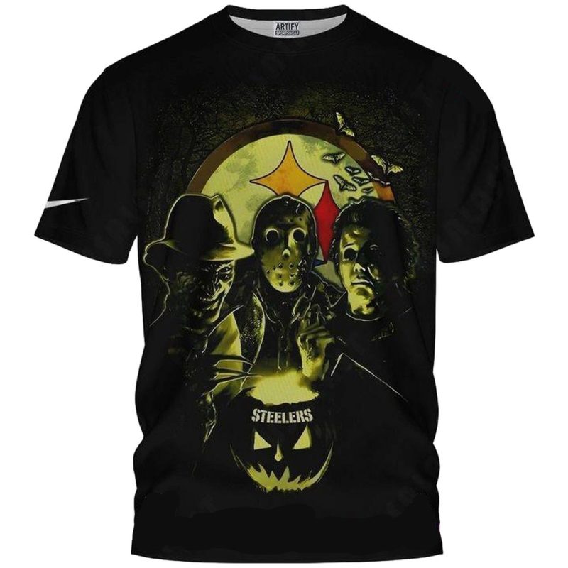 Pittsburgh Steelers Horror Halloween Jason Voorhees Freddy Krueger Michael Myers Movies Black Aop T Shirt 1