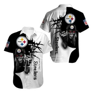 Pittsburgh Steelers Iron Skull Black And White Hawaiian Shirt