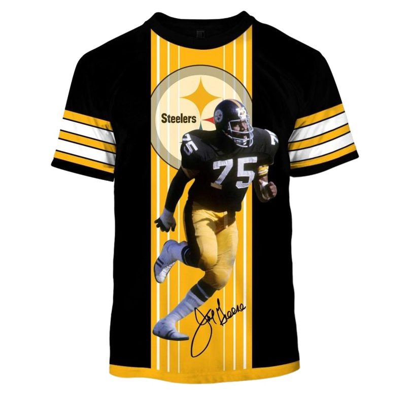 Pittsburgh Steelers Joe Greene No 75 Signature Black And Yellow Aop T Shirt 1