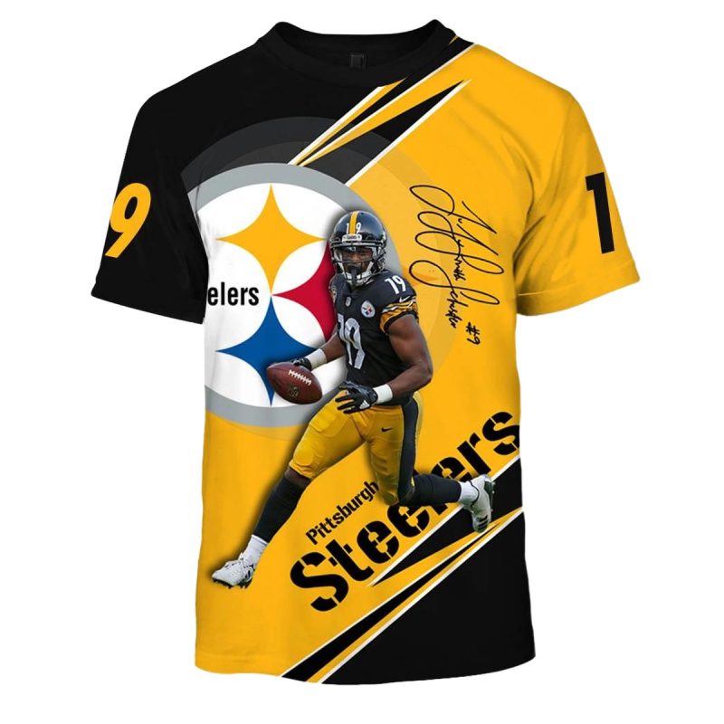 Pittsburgh Steelers Juju Smith Schuster No 19 Signature Yellow And Black Aop T Shirt 1