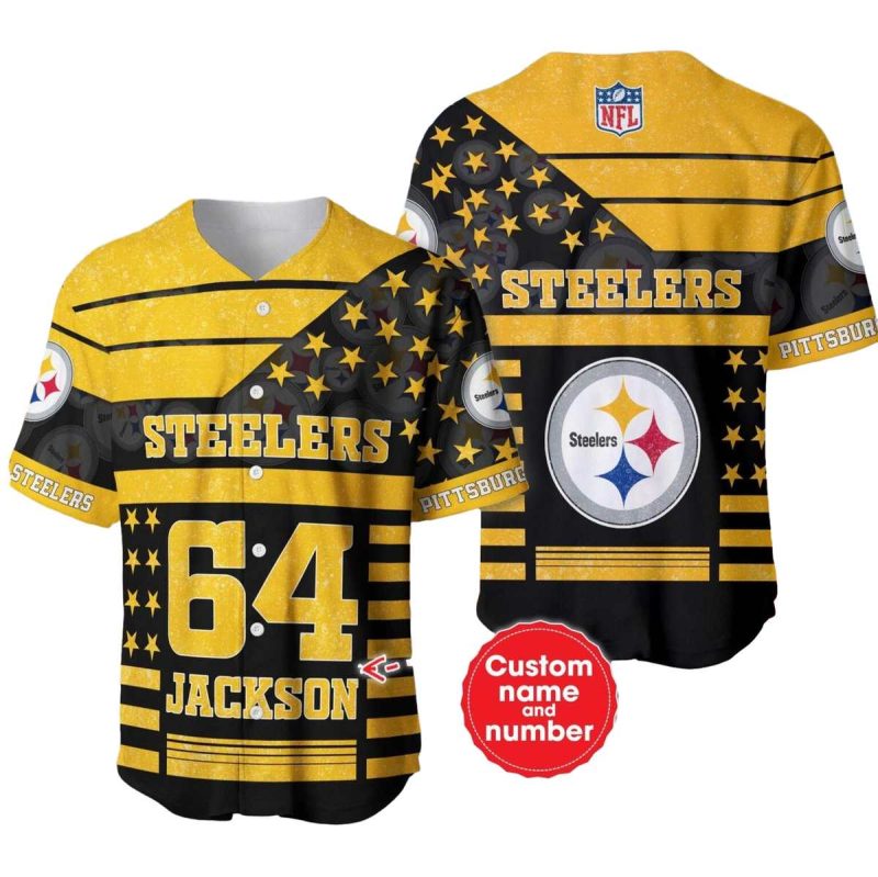 Pittsburgh Steelers Logo And American Flag Black And Yellow Baseball Jersey 1