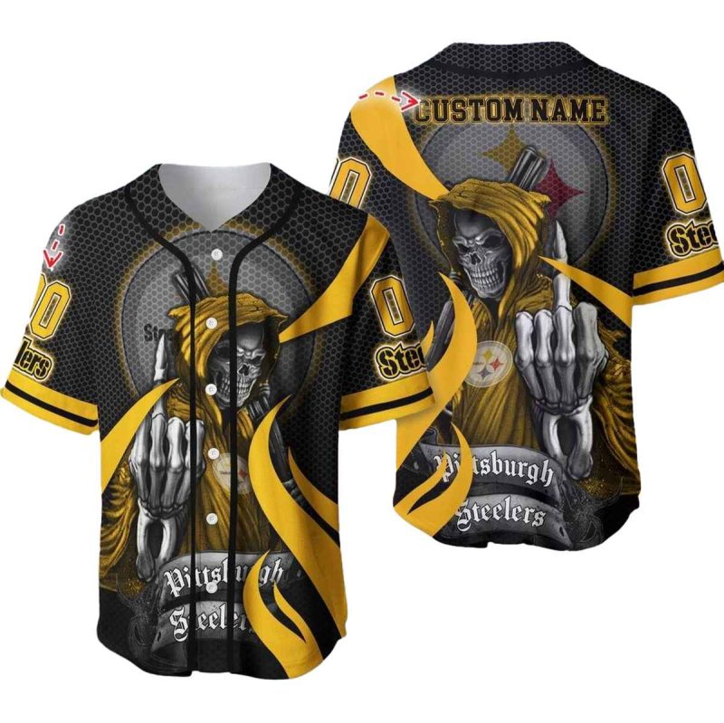 Pittsburgh Steelers Logo And Dead Skull Graphic Halftone Pattern Baseball Jersey 1