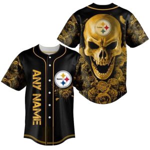 Pittsburgh Steelers Logo And Flower Skull Baseball Jersey