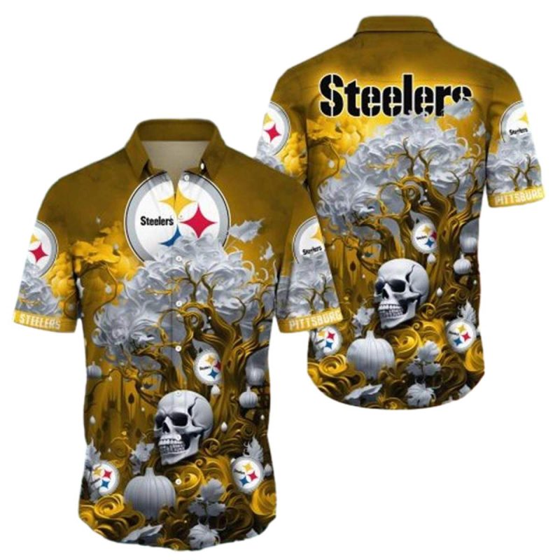 Pittsburgh Steelers Logo And Halloween Skull Pumpkin Hawaiian Shirt 1