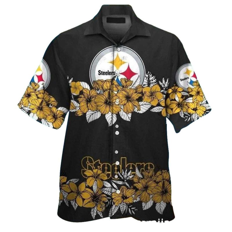 Pittsburgh Steelers Logo And Hibiscus Black Hawaiian Shirt 1