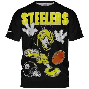 Pittsburgh Steelers Logo And Mickey Mouse Player Black AOP T-Shirt