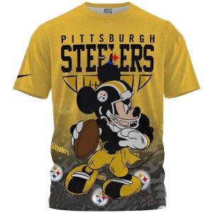 Pittsburgh Steelers Logo And Mickey Mouse Player Yellow AOP T-Shirt
