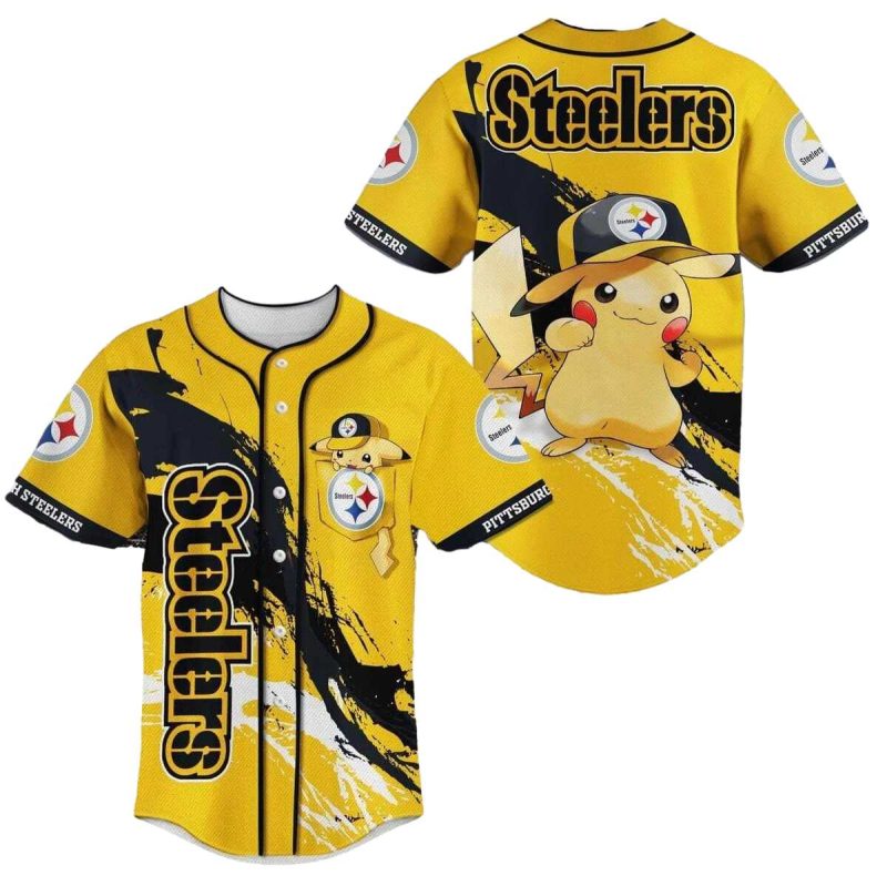Pittsburgh Steelers Logo And Pikachu Funny Baseball Jersey 1