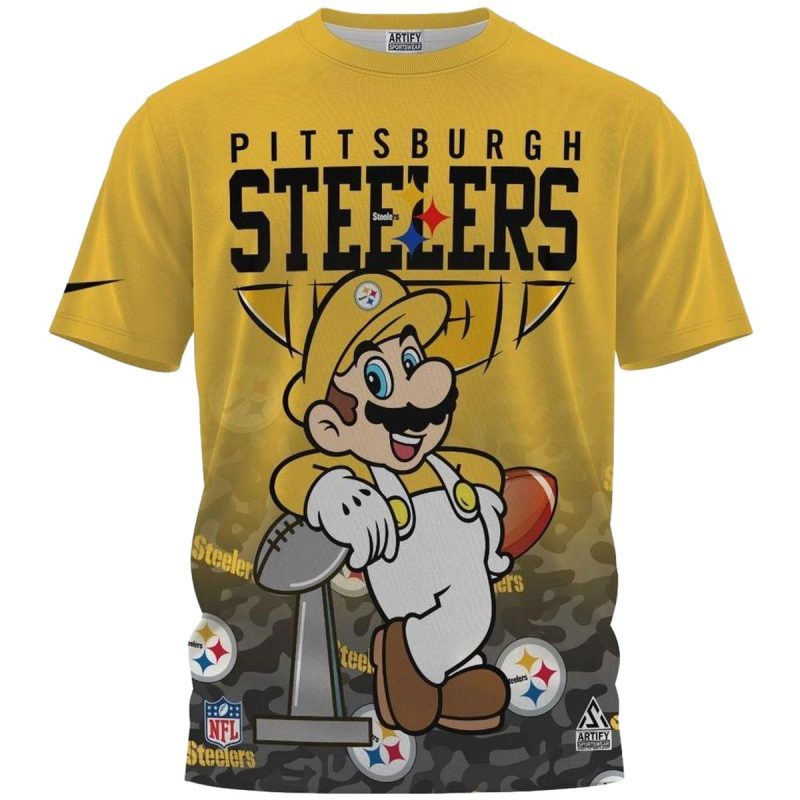 Pittsburgh Steelers Logo And Super Mario Yellow Aop T Shirt 1