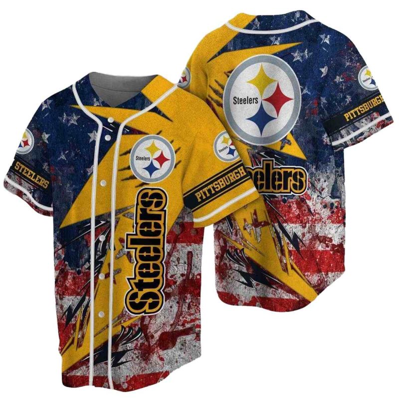 Pittsburgh Steelers Logo And Us Flag Baseball Jersey 1