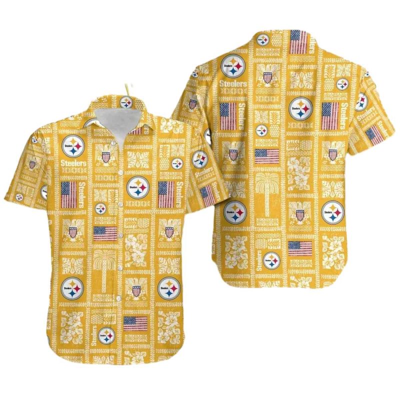 Pittsburgh Steelers Logo And Us Flag Retro Yellow Hawaiian Shirt 1