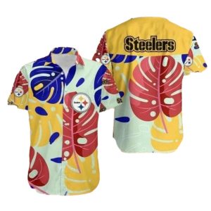 Pittsburgh Steelers Logo Colorful Tropical Leaf Pattern Hawaiian Shirt