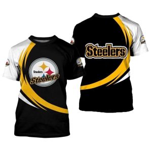 Pittsburgh Steelers Logo Curve Style Black White And Yellow AOP T-Shirt