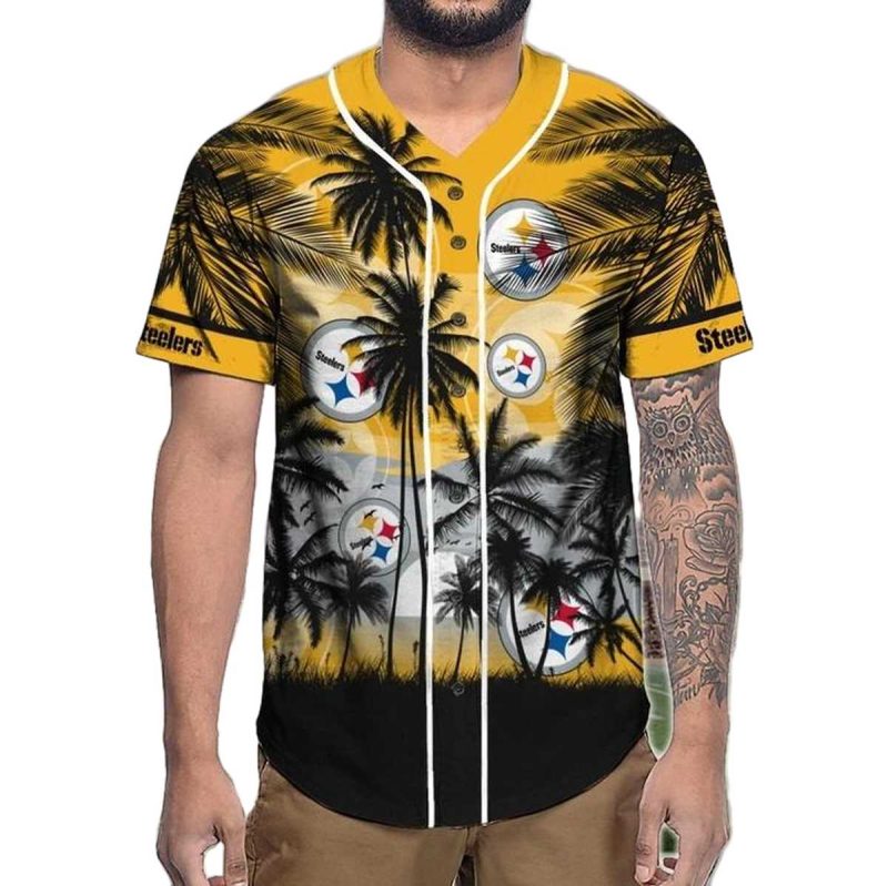 Pittsburgh Steelers Logo Palm Coconut Tree Sunset Pattern Baseball Jersey 1