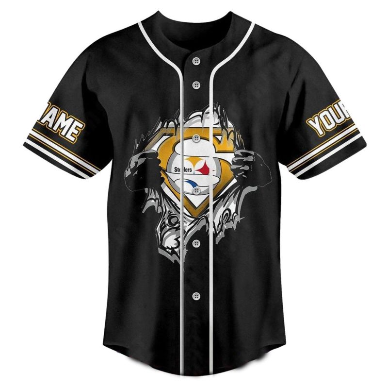 Pittsburgh Steelers Logo Superman Black Baseball Jersey 1