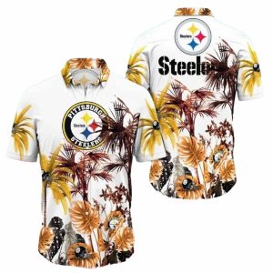 Pittsburgh Steelers Logo White Palm Leaves Hawaiian Shirt