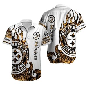 Pittsburgh Steelers Logo White Tribal Fire Design Hawaiian Shirt