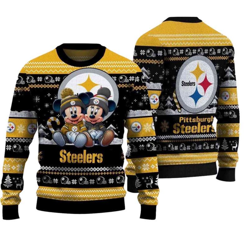 Pittsburgh Steelers Mickey And Minnie Cute Christmas Ugly Sweater 1