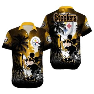 Pittsburgh Steelers Mickey And Surfboard Coconut Tree Hawaiian Shirt
