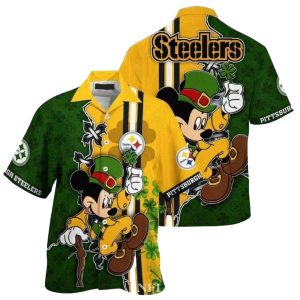 Pittsburgh Steelers Mickey Lucky Charm Green And Gold Hawaiian Shirt