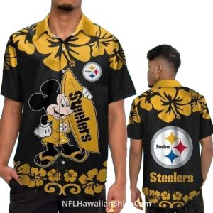 Pittsburgh Steelers Mickey Mouse Surfing Hibiscus Black And Yellow Hawaiian Shirt