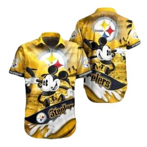 Pittsburgh Steelers Mickey Surfing Sunset Pattern Hawaiian Shirt