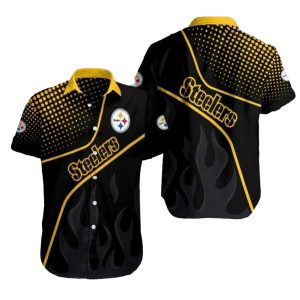 Pittsburgh Steelers Night Flame Black And Gold Fire Pattern Hawaiian Shirt