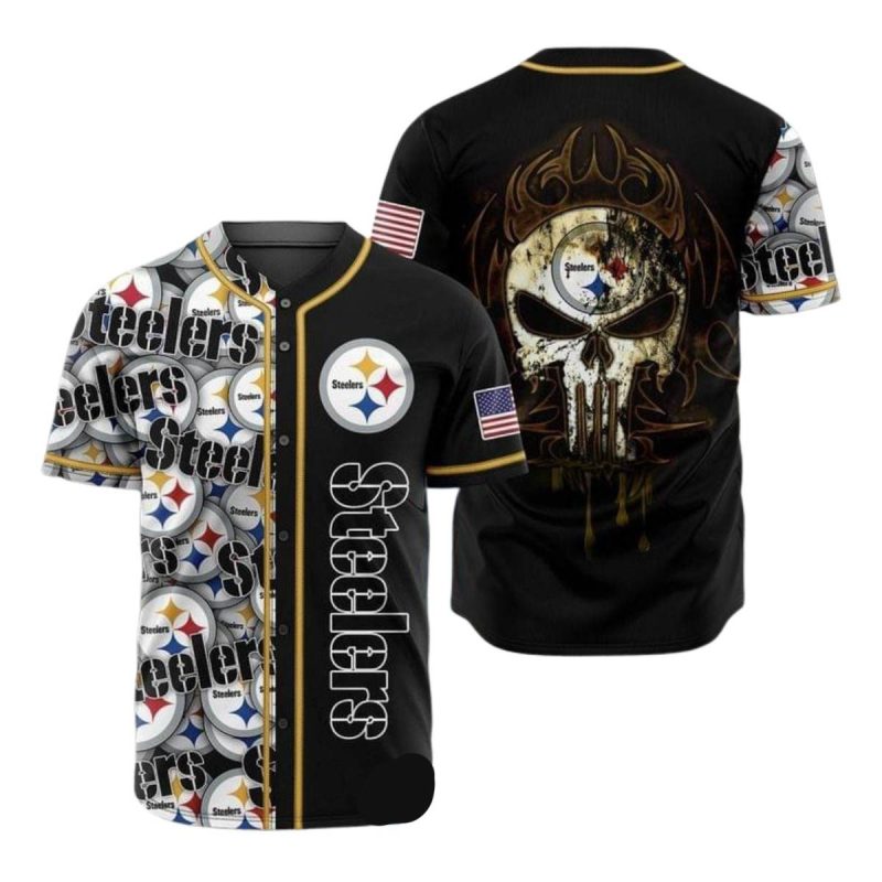 Pittsburgh Steelers Punisher Skull Baseball Jersey 1