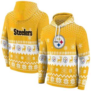 Pittsburgh Steelers Reindeer Motif Ugly Christmas Gold AOP Hoodie