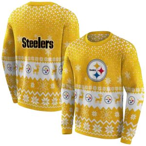 Pittsburgh Steelers Reindeer Motif Ugly Christmas Gold AOP Sweatshirt