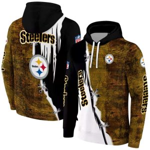 Pittsburgh Steelers Ripped Pattern Gold Black White AOP Hoodie
