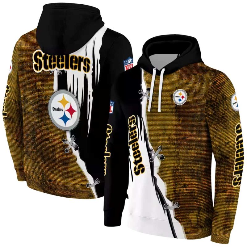 Pittsburgh Steelers Ripped Pattern Gold Black White Aop Hoodie 1