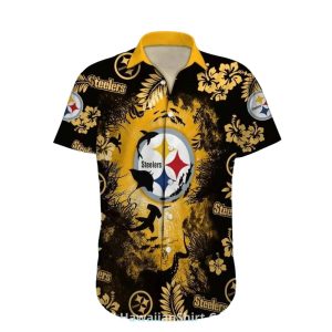 Pittsburgh Steelers Shark And Floral Black Gold Design Hawaiian Shirt