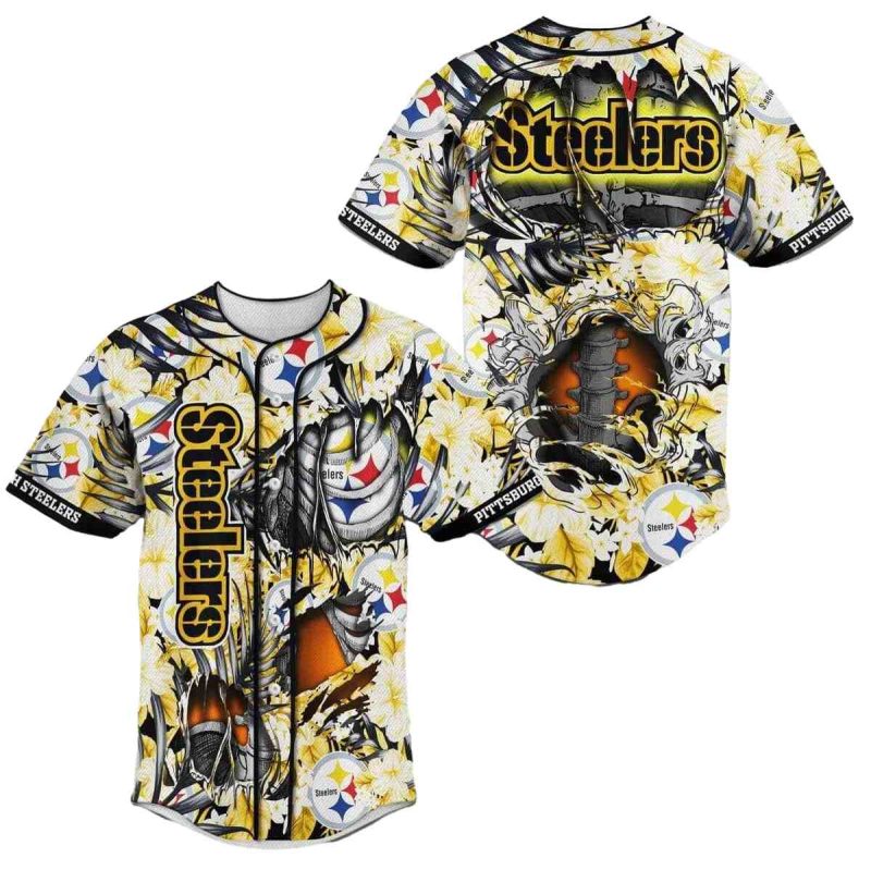 Pittsburgh Steelers Skeleton And Flowers Pattern Baseball Jersey 1