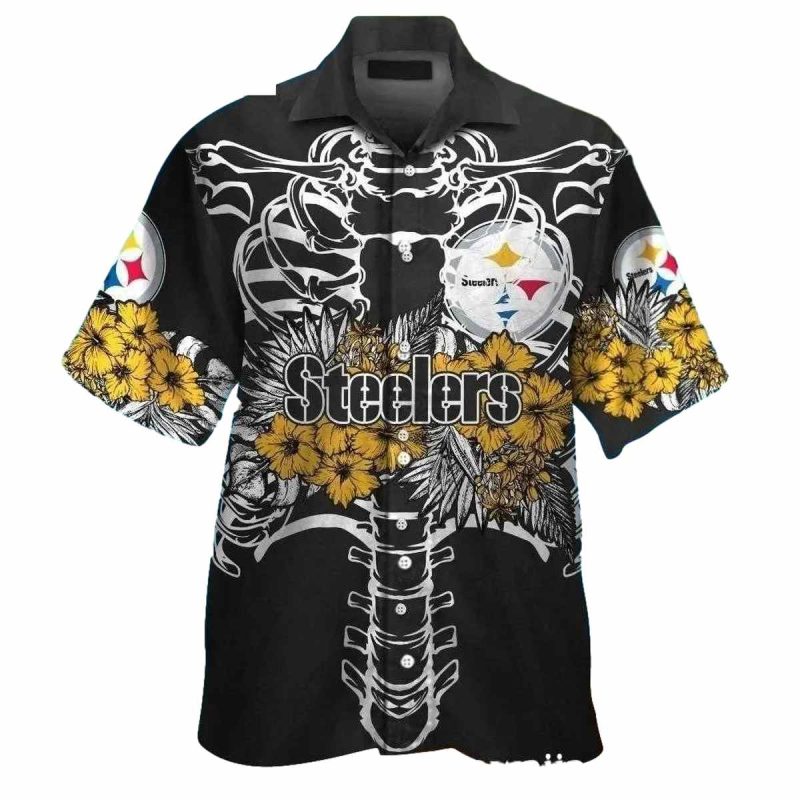 Pittsburgh Steelers Skeleton Black And White Floral Hawaiian Shirt 1