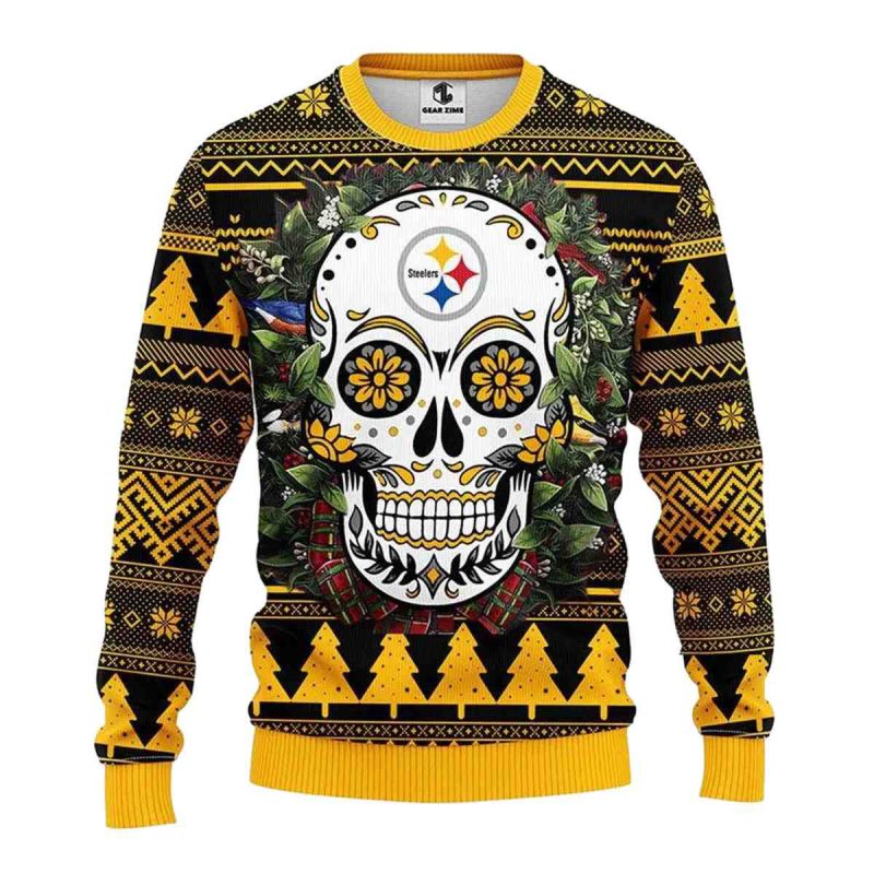 Pittsburgh Steelers Skull Flower Ugly Sweater 1