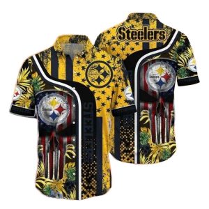 Pittsburgh Steelers Starry Night Palm Tropical Flag Skull Hawaiian Shirt