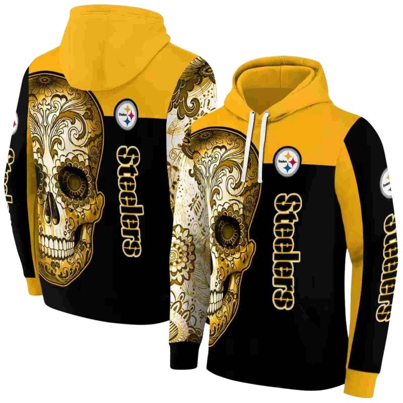 Pittsburgh Steelers Sugar Skull Gold Black Aop Hoodie 1