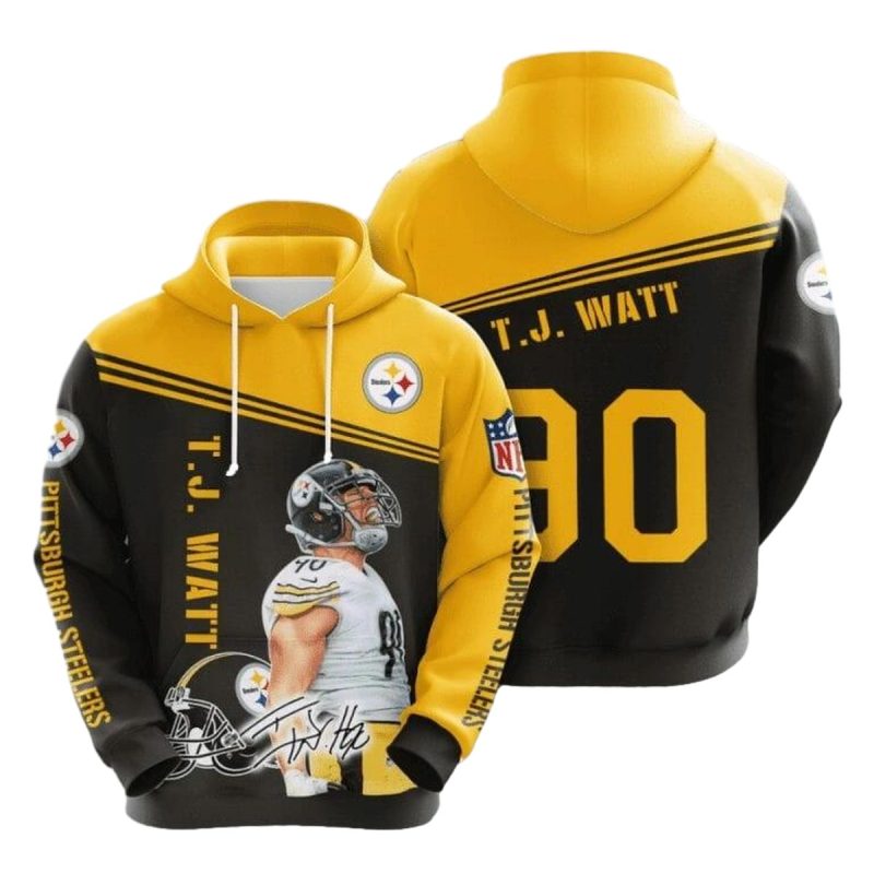 Pittsburgh Steelers T. J. Watt 80 Black Gold Aop Hoodie 1