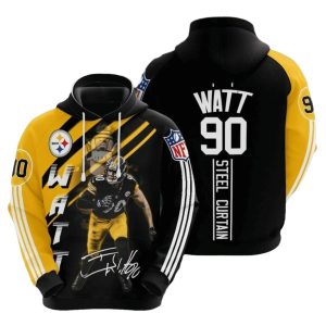 Pittsburgh Steelers T. J. Watt Signature Black Gold Stripes AOP Hoodie