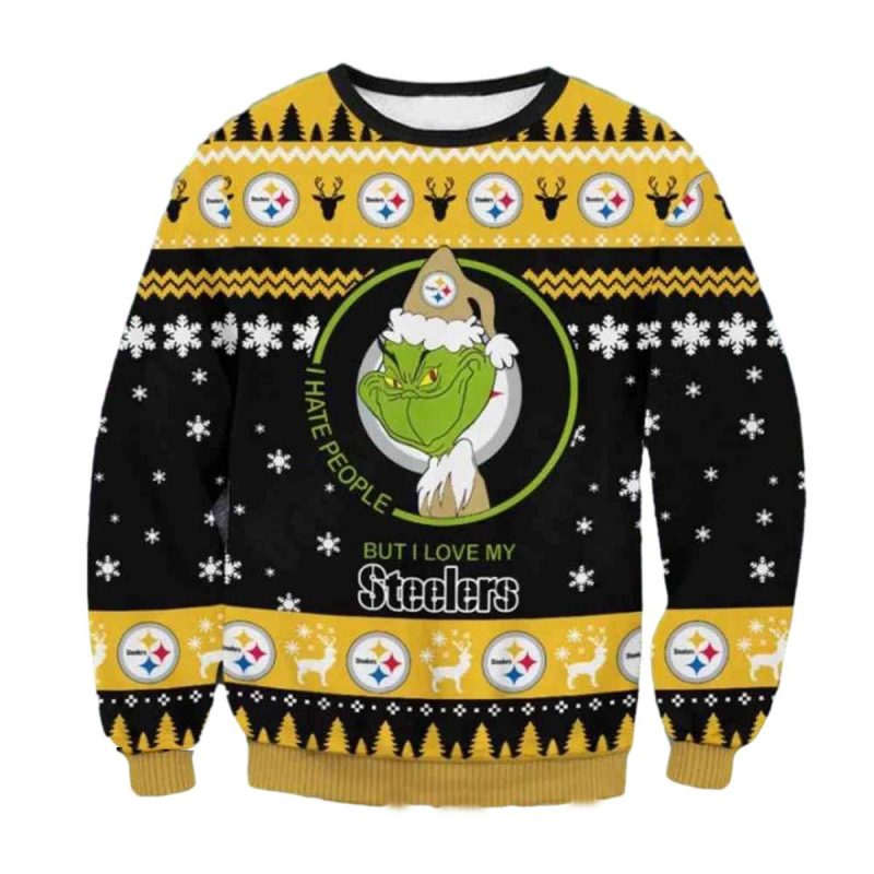 Pittsburgh Steelers The Grinch Math Santa Hat I Hate People Ugly Sweater 1