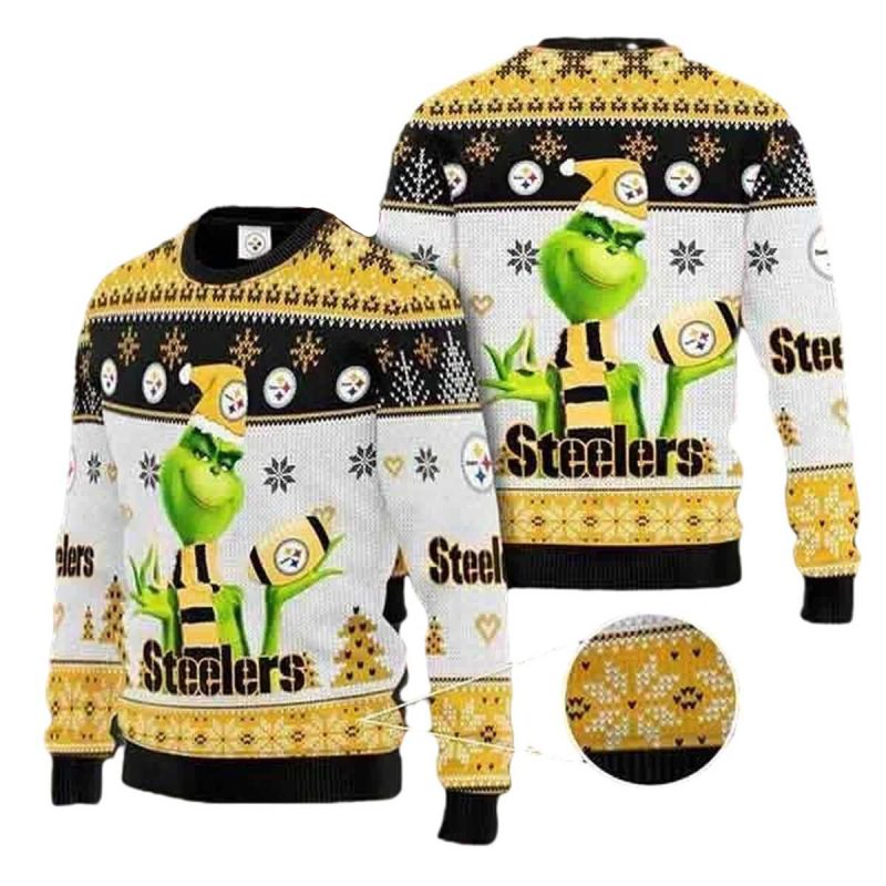 Pittsburgh Steelers The Grinch Santa Claus Funny Yellow Pattern Ugly Sweater 1