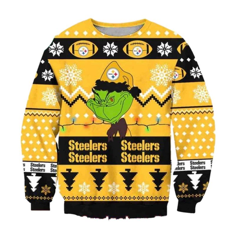 Pittsburgh Steelers The Grinch Santa Hat Snowflakes Ugly Sweater 1