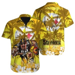 Pittsburgh Steelers Yellow Palm Trees And Mascot Hawaiian Shirt