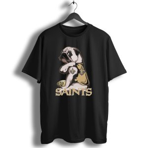 Pug Wearing New Orleans Saints Jersey With Fleur De Lis Tattoo And Football T Shirt