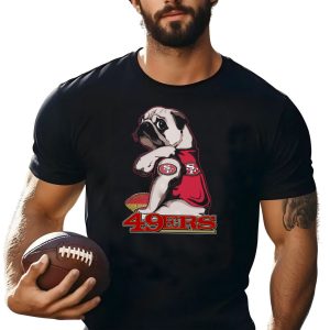 Pug Wearing San Francisco 49Ers Gear With Football T-Shirt