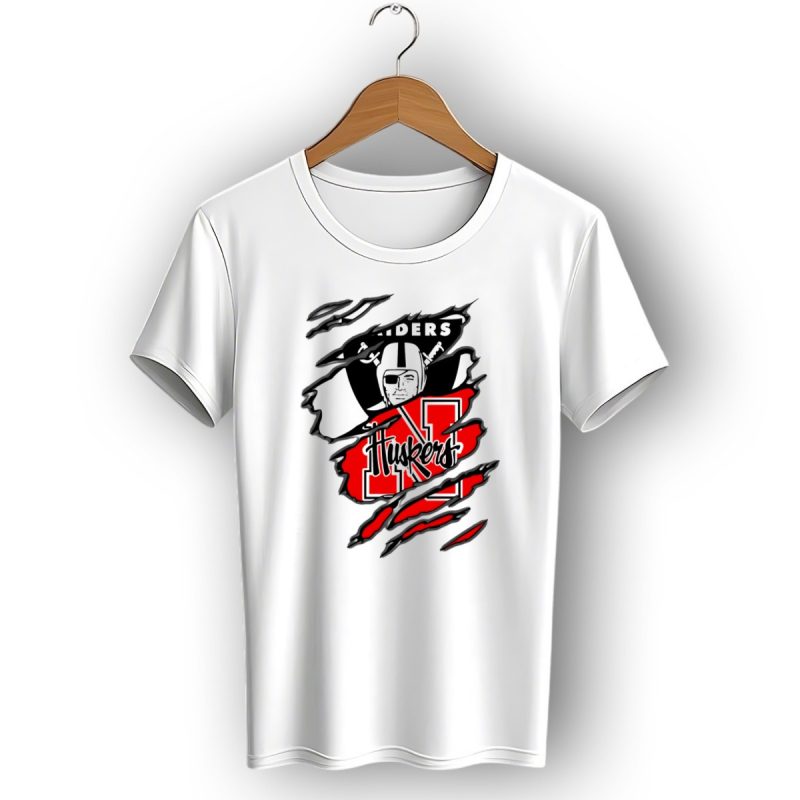 Raiders Huskers Torn Design With Icons And Symbols T Shirt 1 T Shirt 1